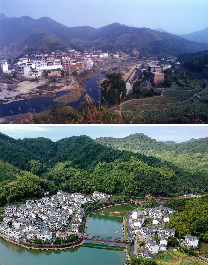 圖為浙江省杭州市淳安縣楓樹(shù)嶺鎮下姜村拼版圖，其中上圖為資料照片、下圖由新華社記者張鋮攝。